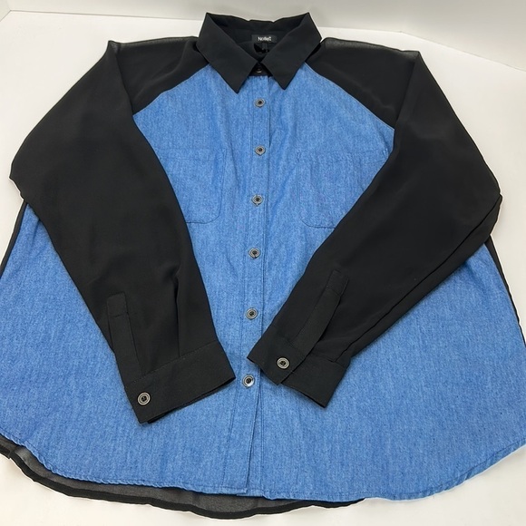 Nollie Contrast Chambray Denim Front Sheer Back Button Front Shirt Top L… - Picture 14 of 14